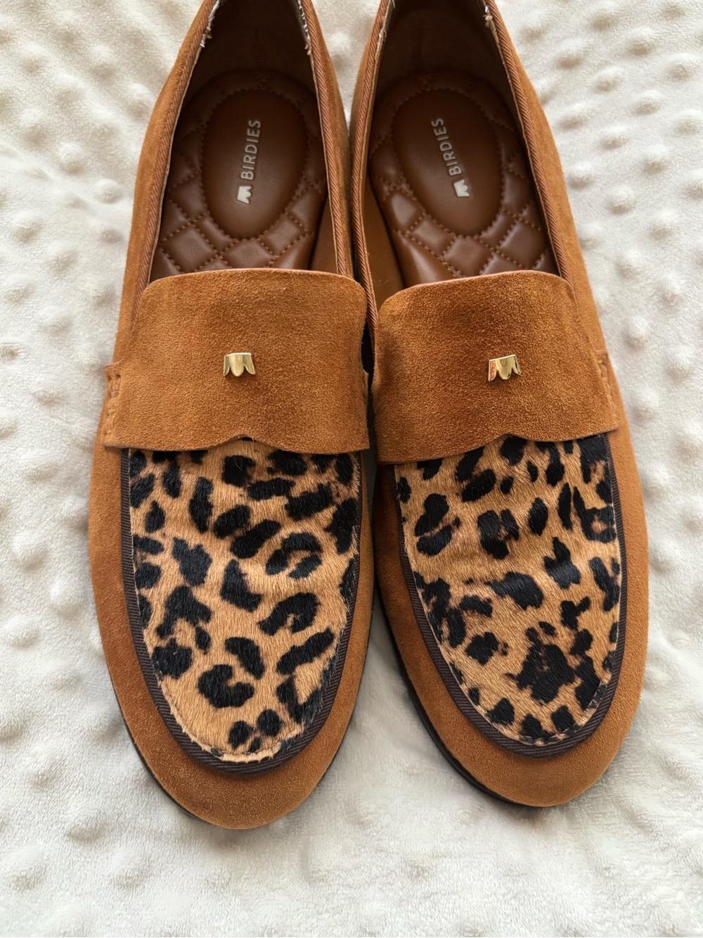 Birdies Chestnut Suede Loafers with Leopard Haircalf, 8.5